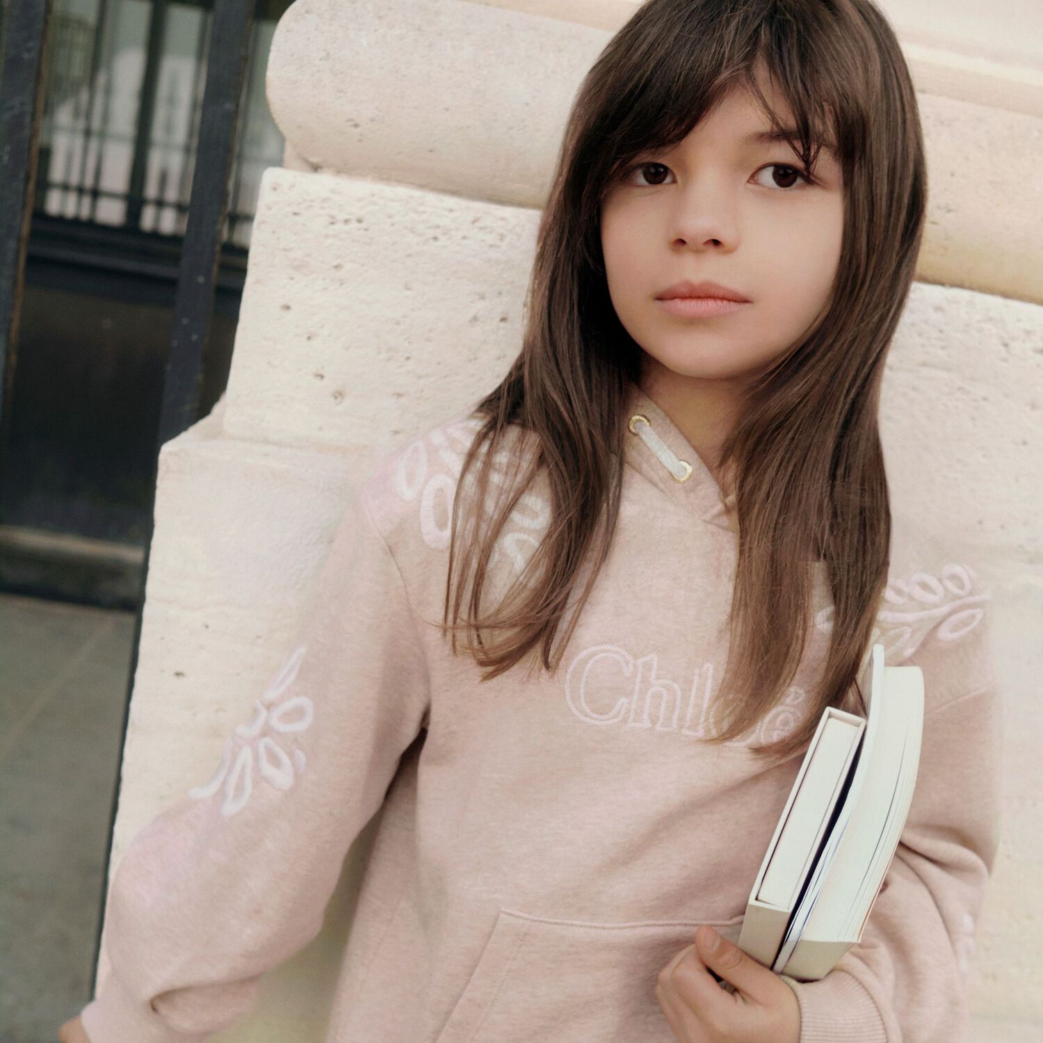 Girls Beige Embroidered Logo Sweatshirt Dress, 1, hi-res image number null