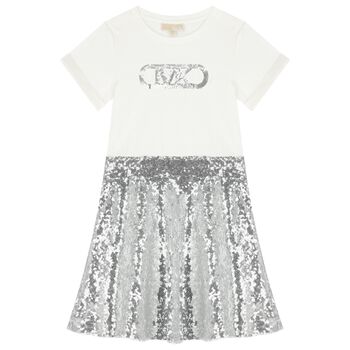 Girls Ivory & Silver Sequin Logo Embellished Dress