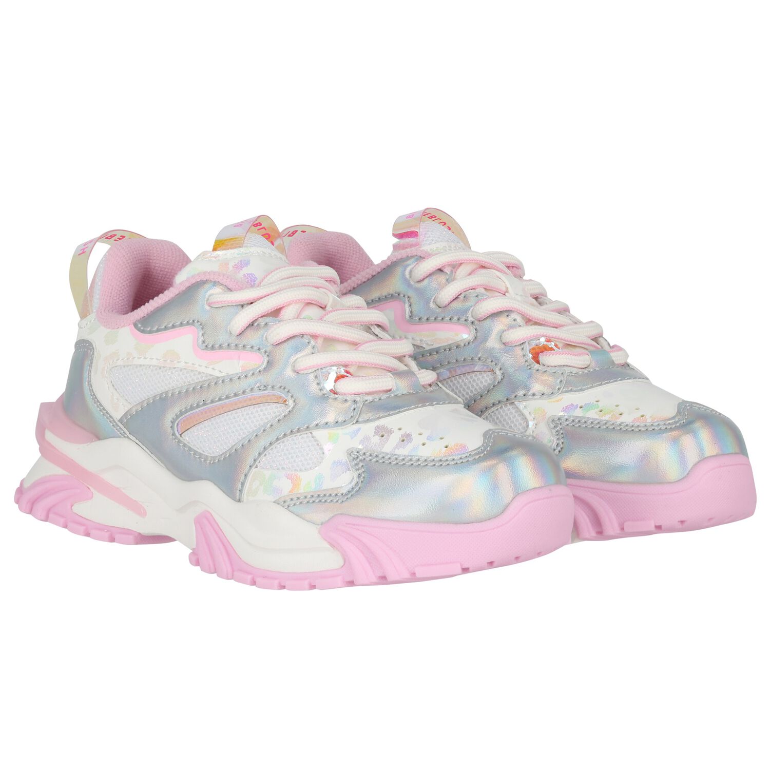 Girls Iridescent Silver, White & Pink Trainers, 1, hi-res