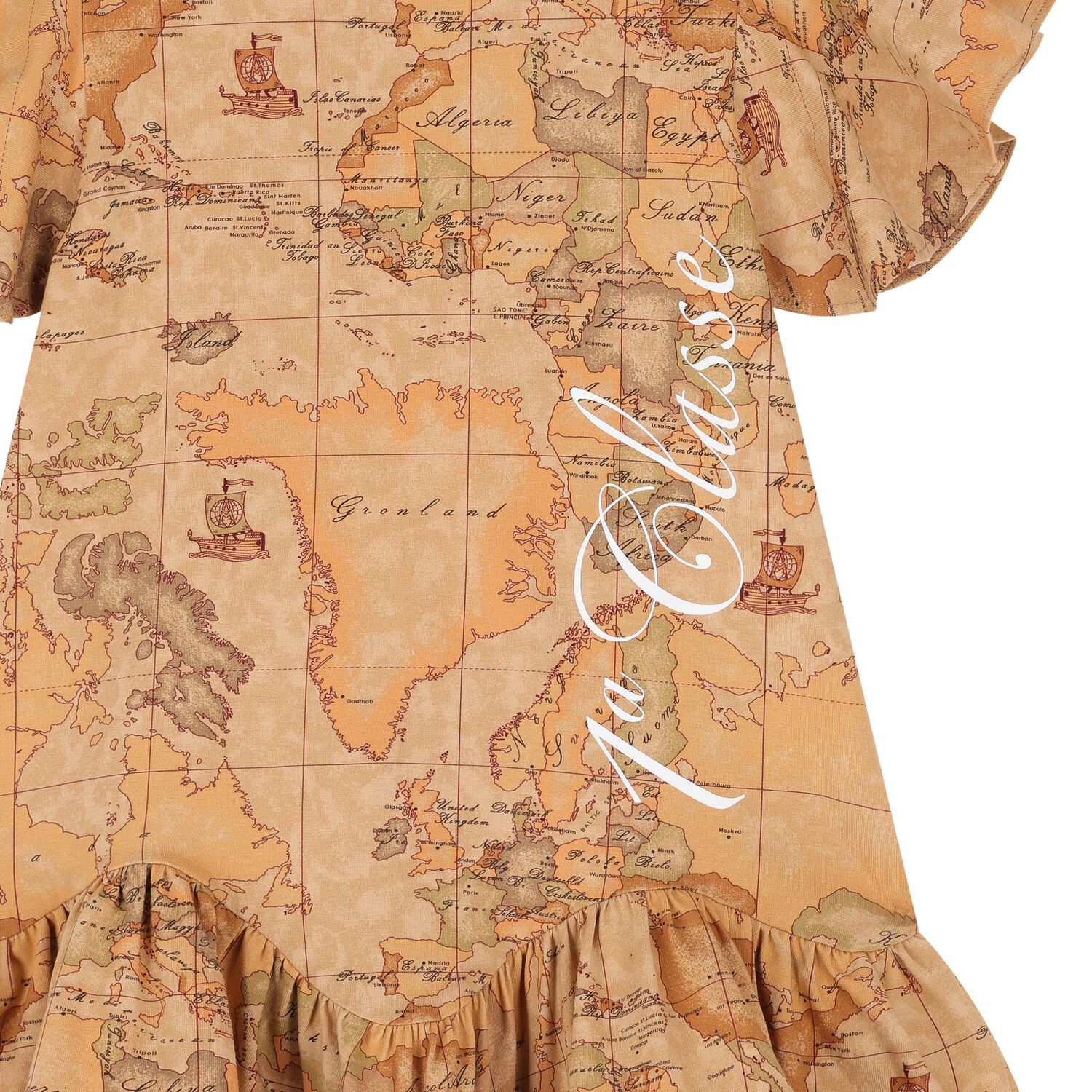 Girls Beige Geo Map Dress, 1, hi-res