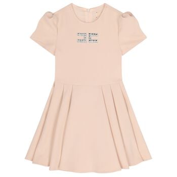 Girls Pink Diamante Logo Pleated Dress