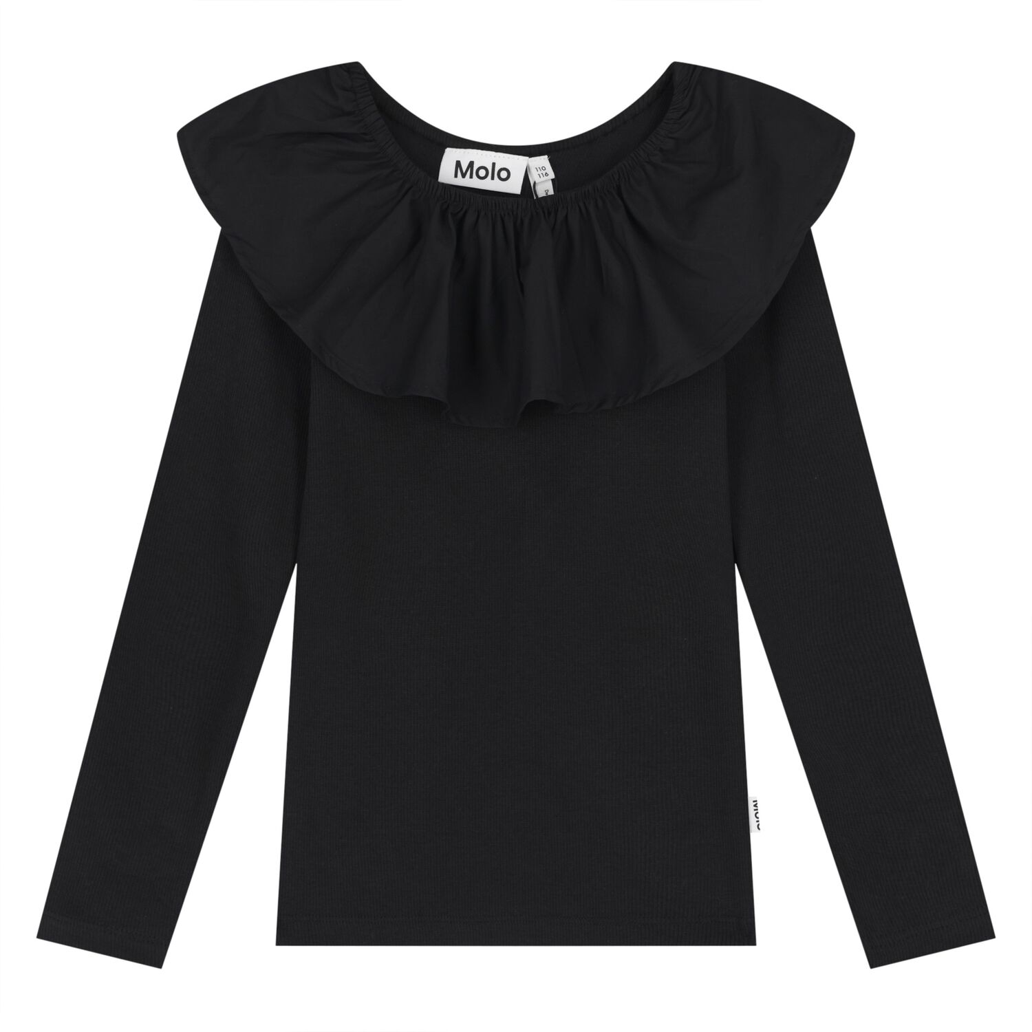 Girls Black Ruffle Long Sleeve Top, 1, hi-res