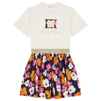 Girls Ivory & Navy Blue Logo Floral Dress