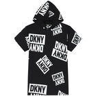 Girls Black Logo Hooded Dress, 1, hi-res