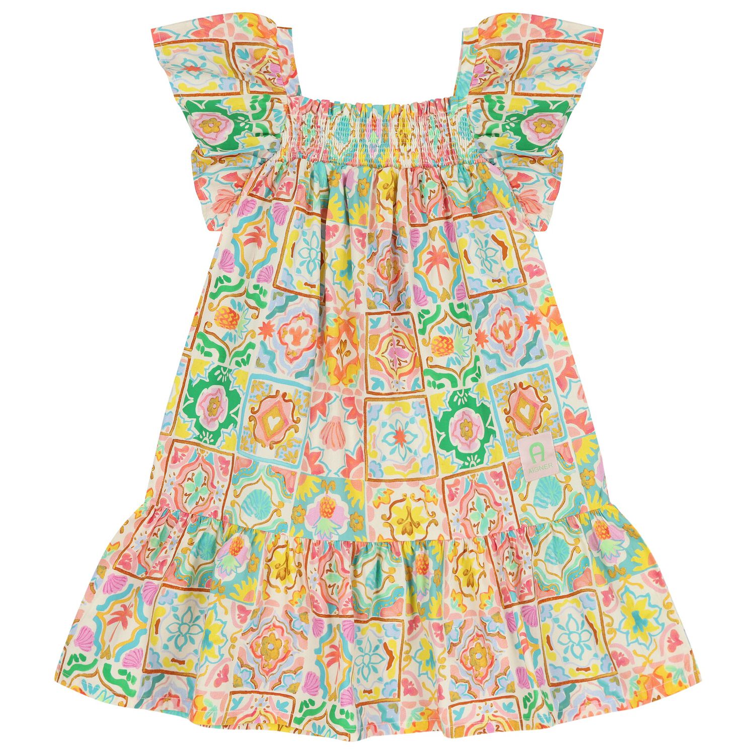 Girls Multi-Coloured Shirred Dress, 1, hi-res