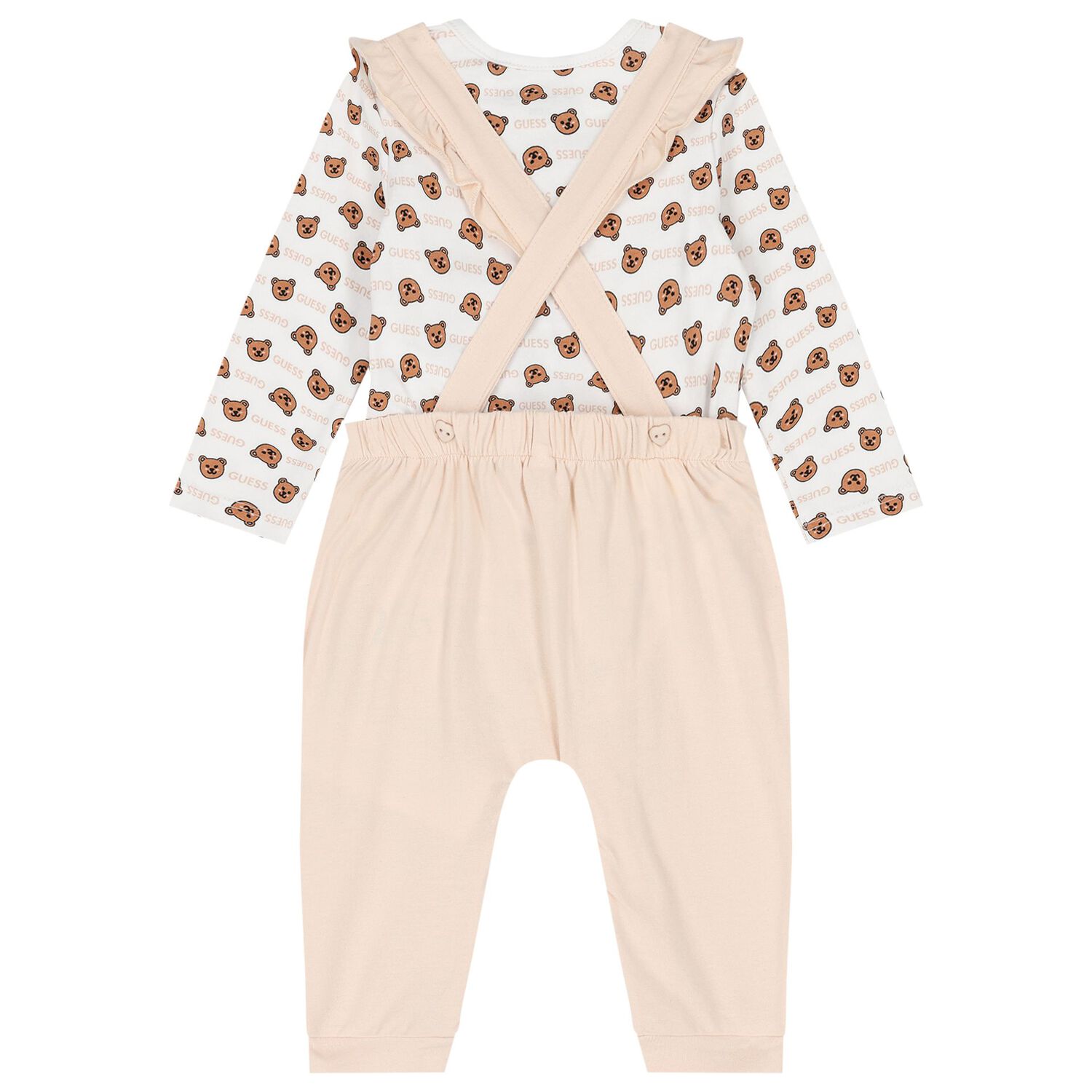 Baby Girls White & Beige Logo Dungaree Set, 1, hi-res