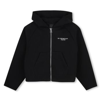 Girls Black Logo Hooded Zip Up Top