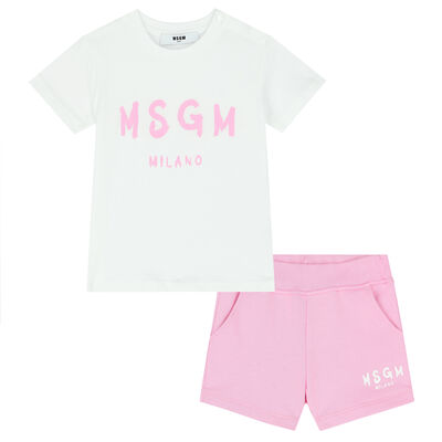 White & Pink Logo Baby Shorts Set