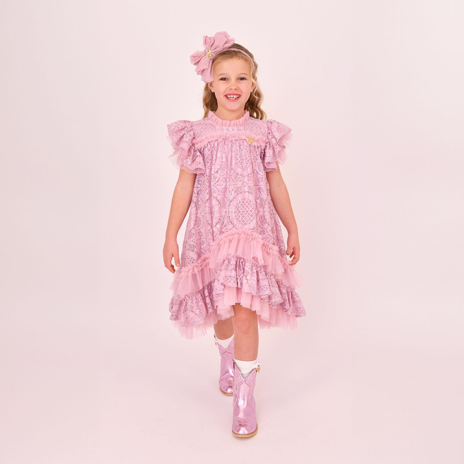 Girls Pink Lace Sequin Christina Dress, 2, hi-res