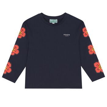 Girls Navy Blue Boke Flower Long Sleeve Top