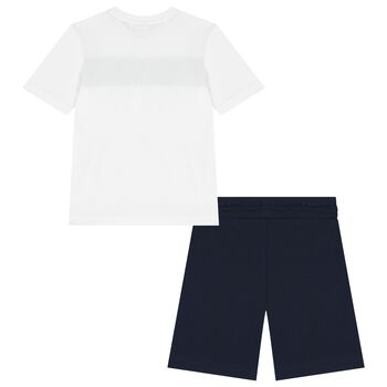 Boys White & Navy Blue Logo Shorts Set