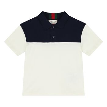 Younger Boys Ivory & Navy Blue Web Striped Polo Shirt