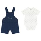 Baby Boys White & Navy Blue Dungaree Set, 1, hi-res