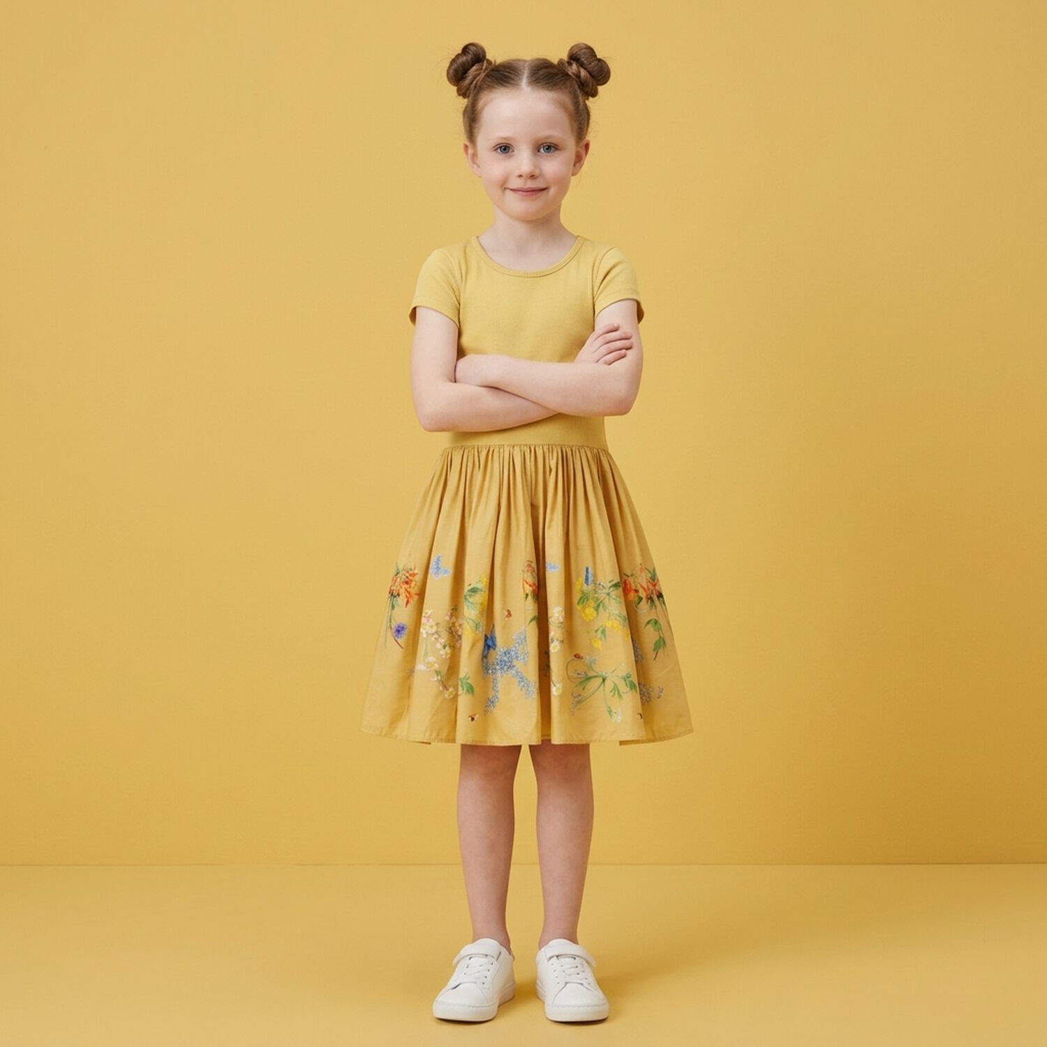 Girls Yellow Floral Dress, 1, hi-res