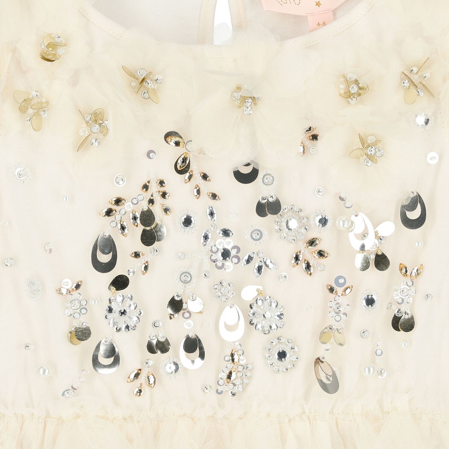 Girls Beige Sequin Embellished Tulle Dress, 1, hi-res