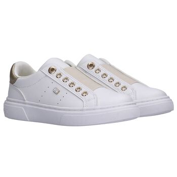 Girls White & Gold Slip-On Trainers