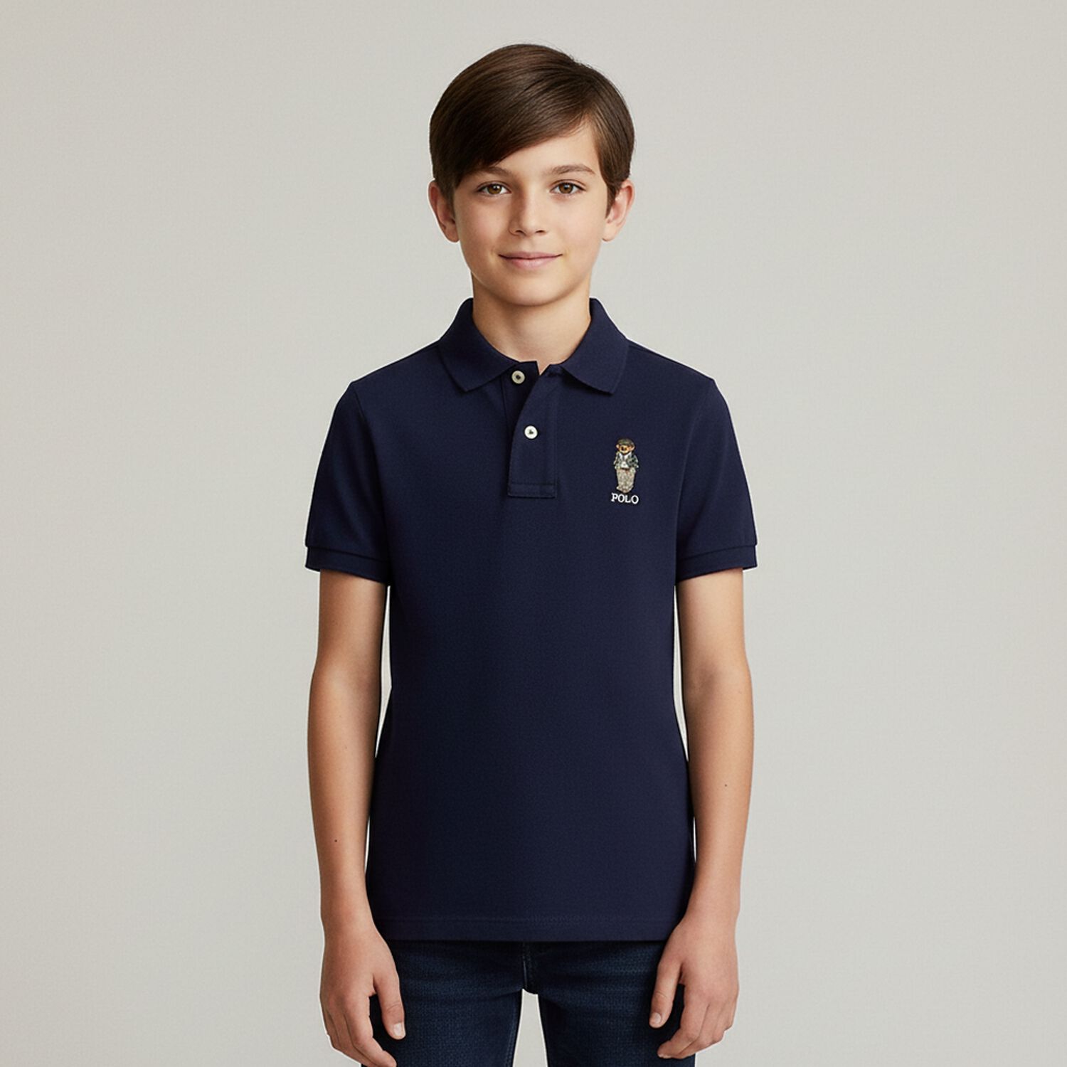 Boys Navy Blue Polo Bear Polo Shirt, 1, hi-res