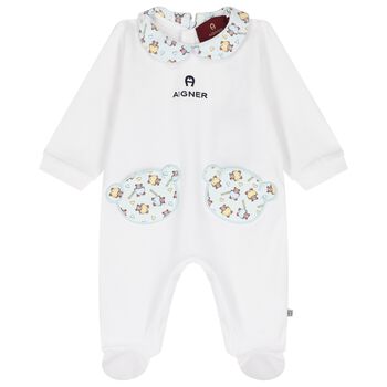 Baby Boys White & Blue Teddy Bear Logo Babygrow