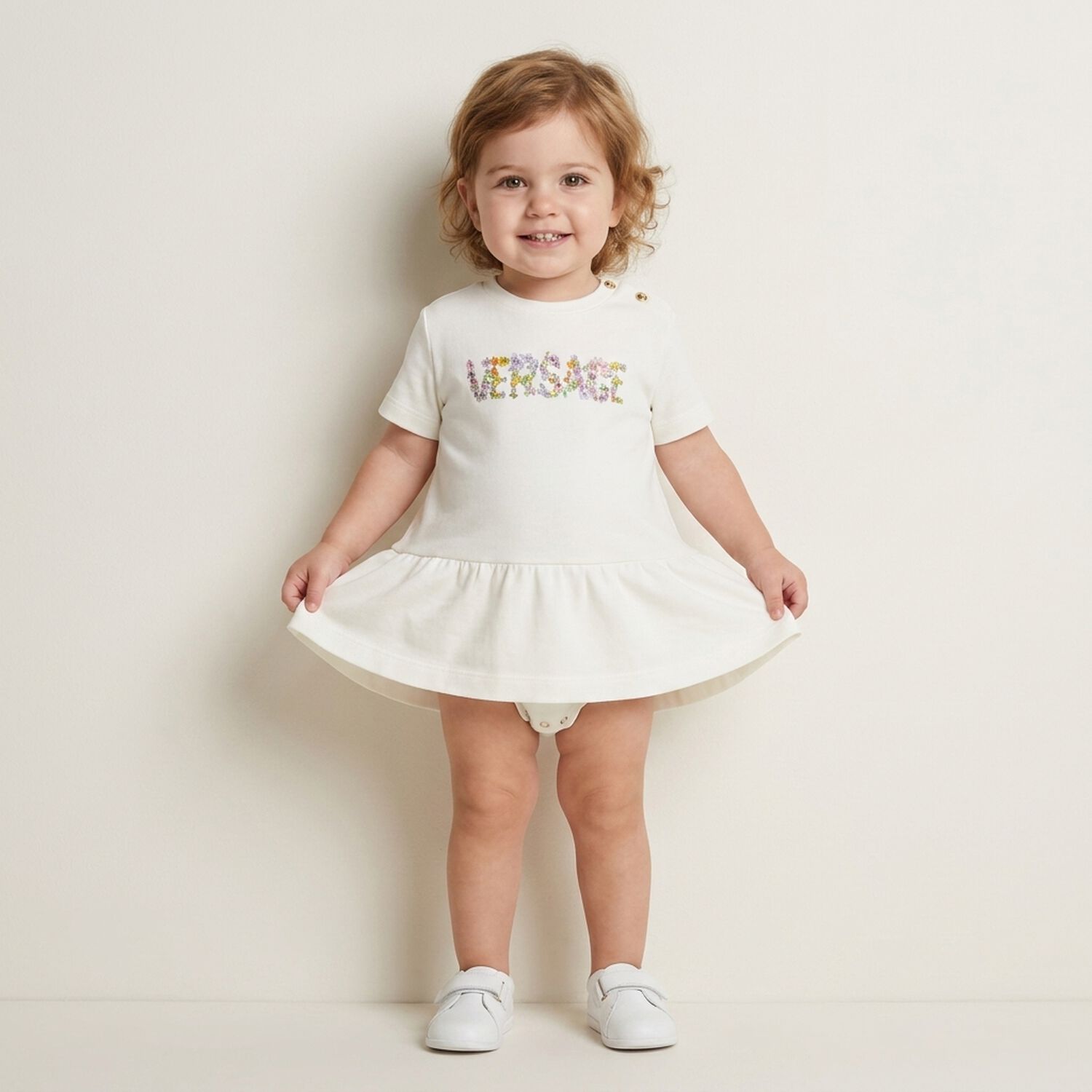 Baby Girls Ivory Logo Dress, 1, hi-res