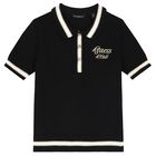 Girls Black Logo Knitted Polo Shirt, 2, hi-res