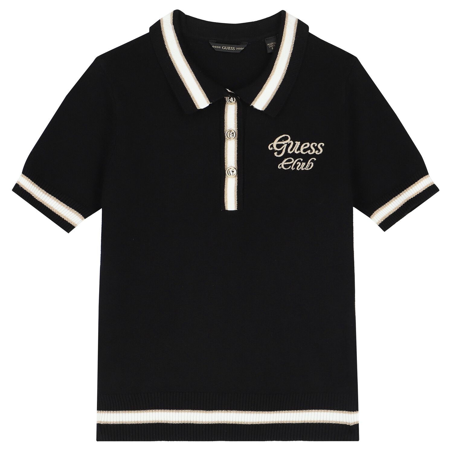 Girls Black Logo Knitted Polo Shirt, 2, hi-res