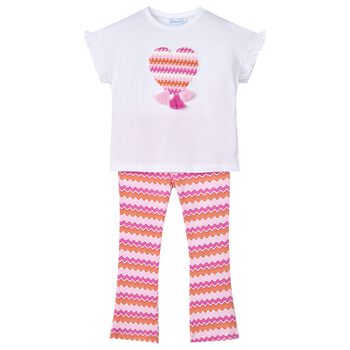 Girls White & Pink Zigzag Leggings Set
