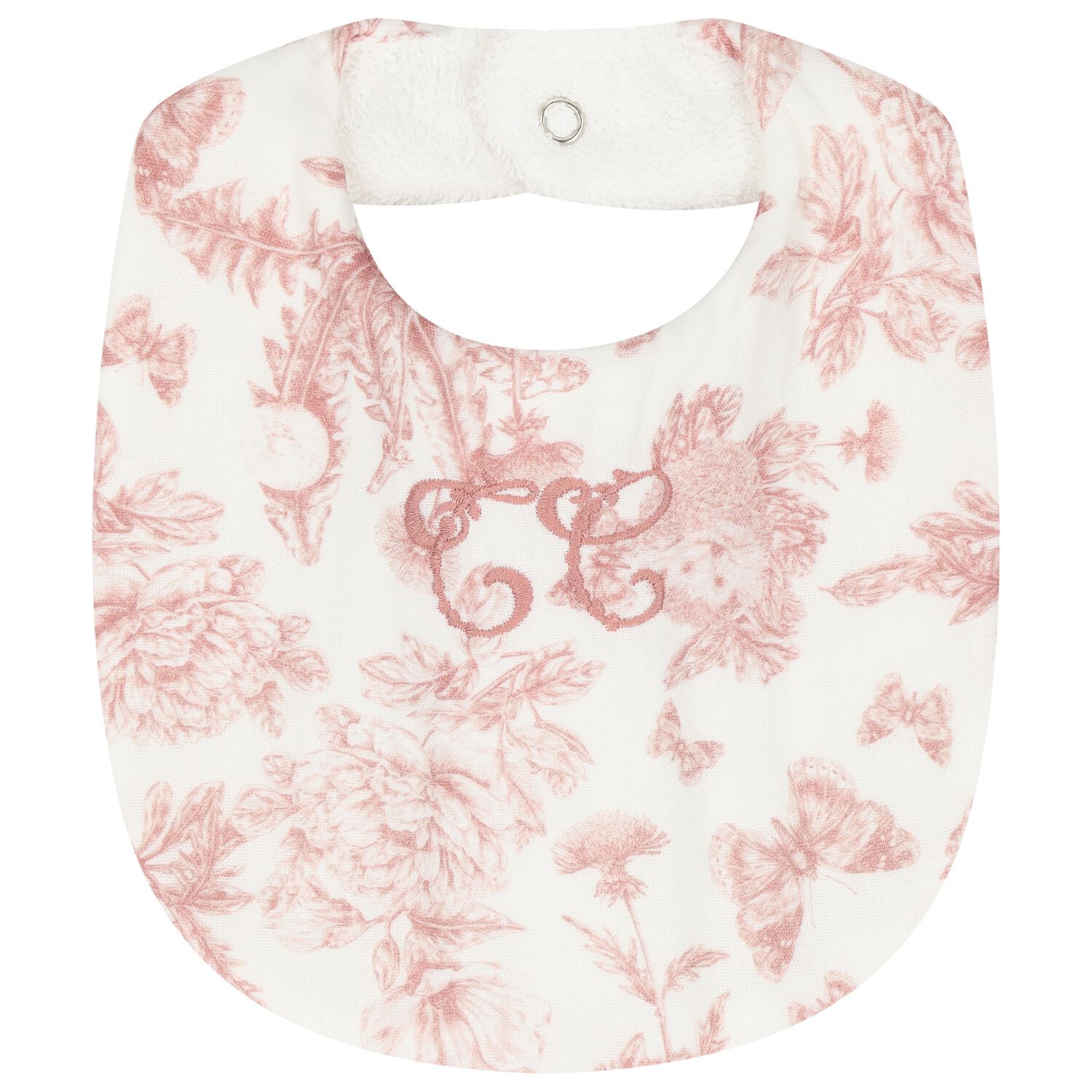 Baby Girls White & Pink Toile De Jouy Bib, 3, hi-res
