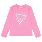Girls Pink Glittery Logo Long Sleeve Top, 2, hi-res