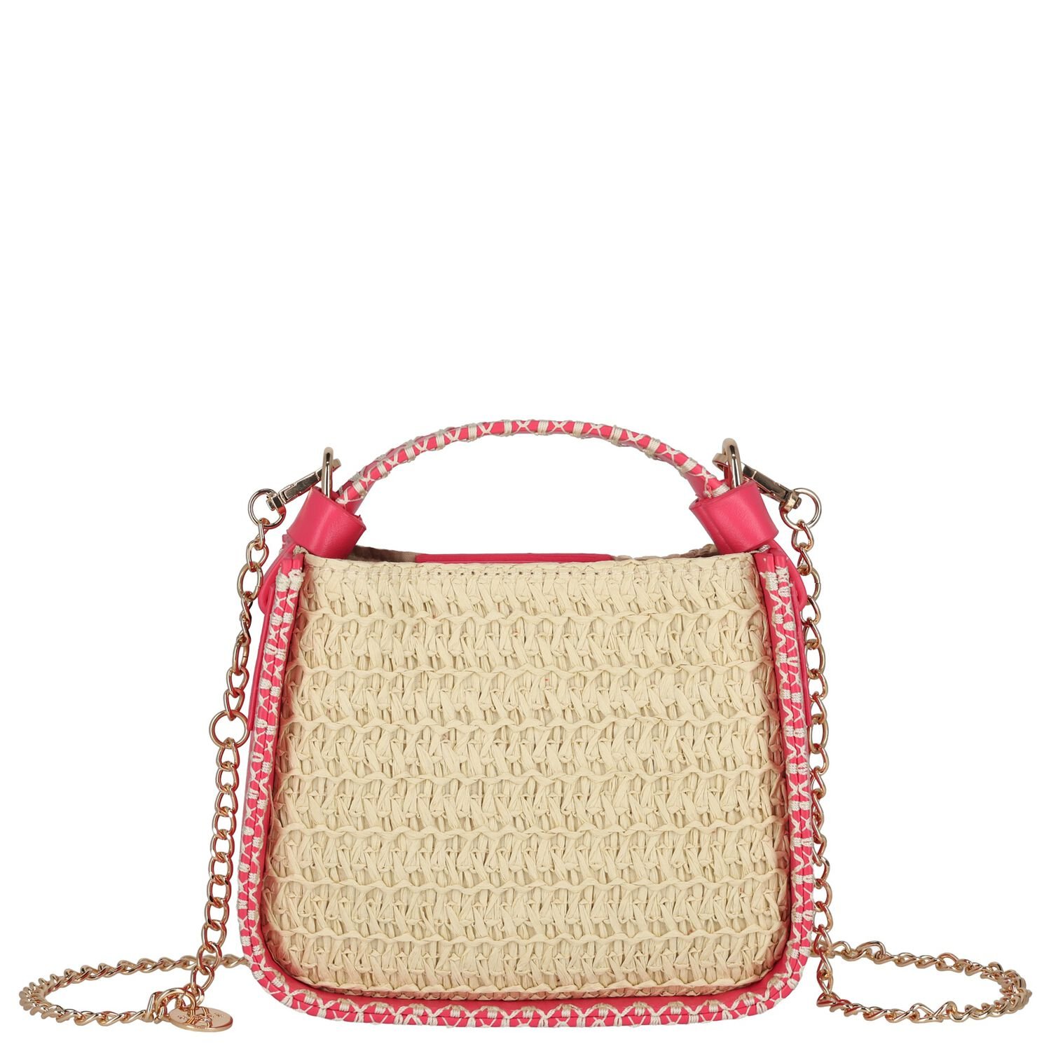 Girls Beige & Pink Straw Handbag, 1, hi-res