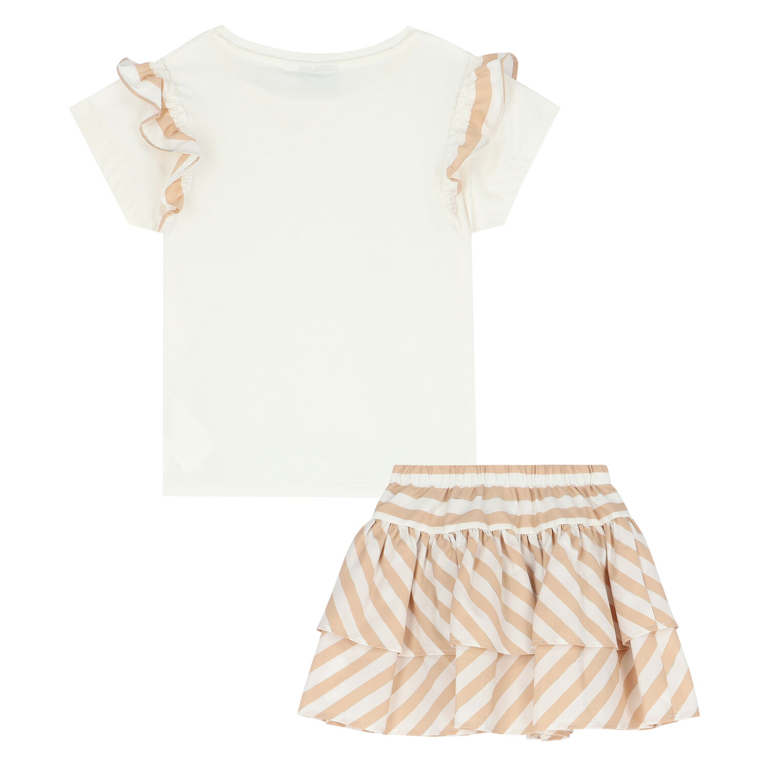 Girls White & Beige Striped Skirt Set, 1, hi-res