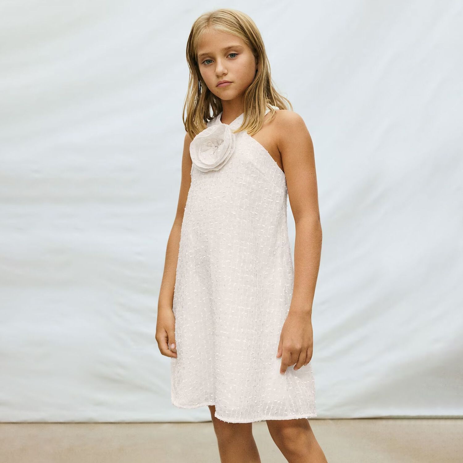 Girls Beige Flower Dress, 2, hi-res