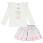 Girls Ivory & Pink Heart Skirt Set, 1, hi-res