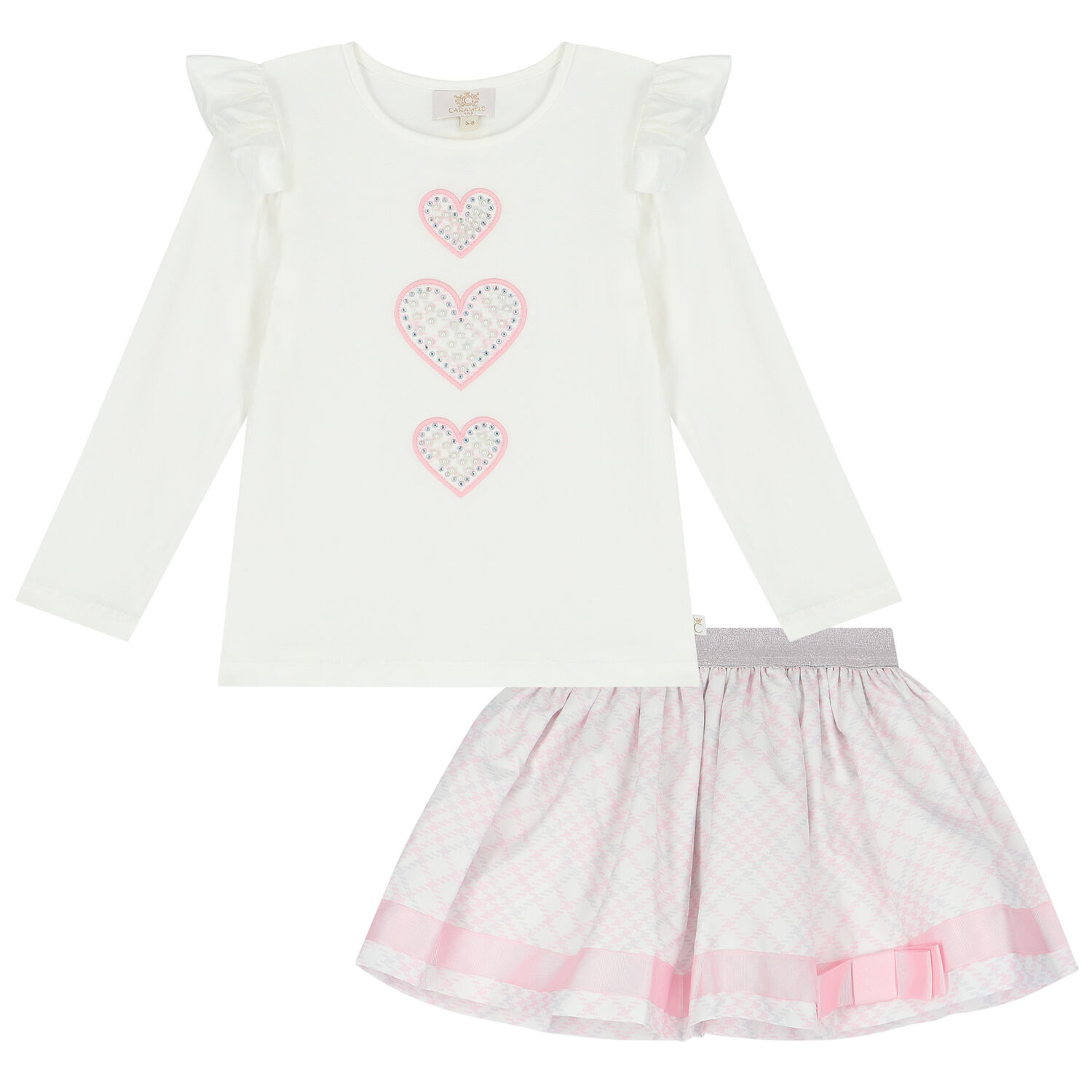Girls Ivory & Pink Heart Skirt Set, 1, hi-res