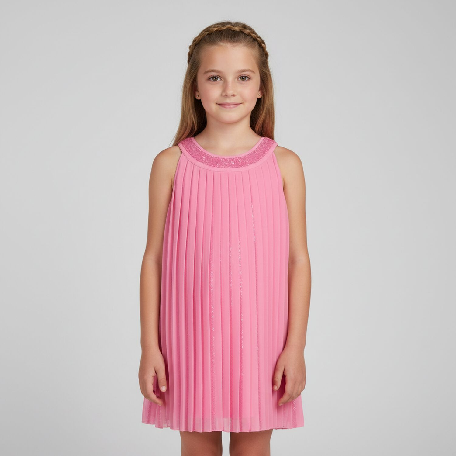 Girls Pink Chiffon Pleated Dress, 1, hi-res
