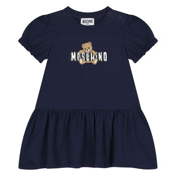 Younger Girls Navy Blue Teddy Bear Logo Dress