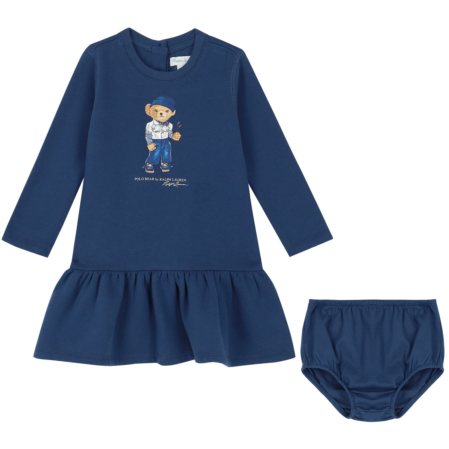 Baby Girls Blue Polo Bear Dress Set, 1, hi-res
