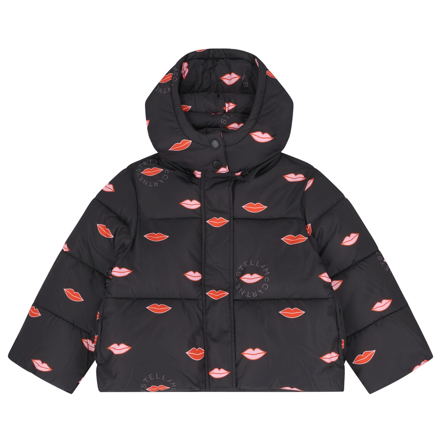 Girls Black Lips & Logo Puffer Jacket , 1, hi-res