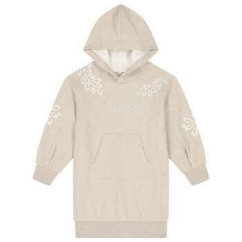 Girls Beige Embroidered Logo Sweatshirt Dress