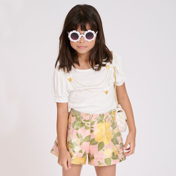Girls Pink Floral Jacquard Shorts