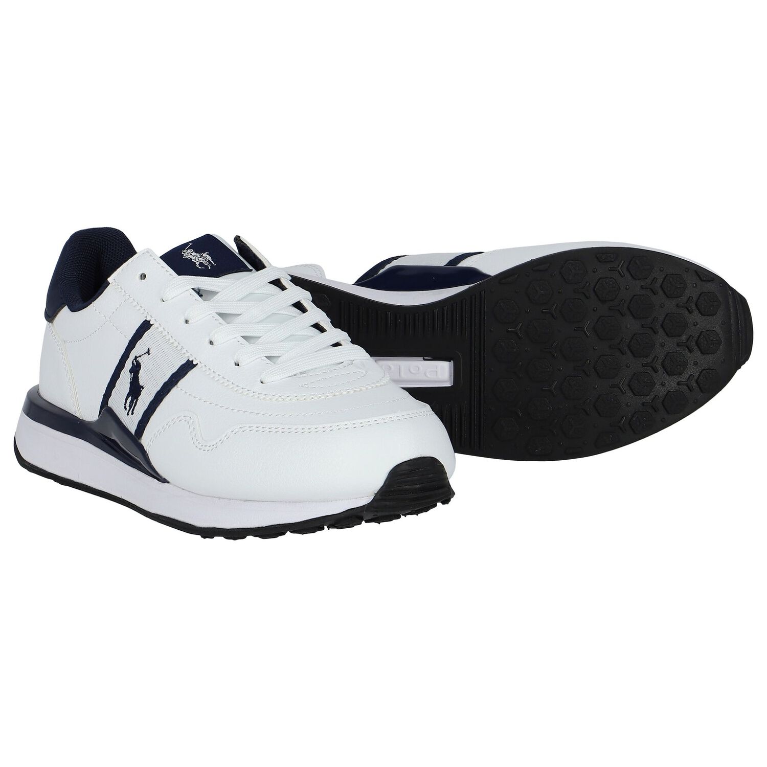 Boys White & Navy Blue Logo Trainers, 1, hi-res