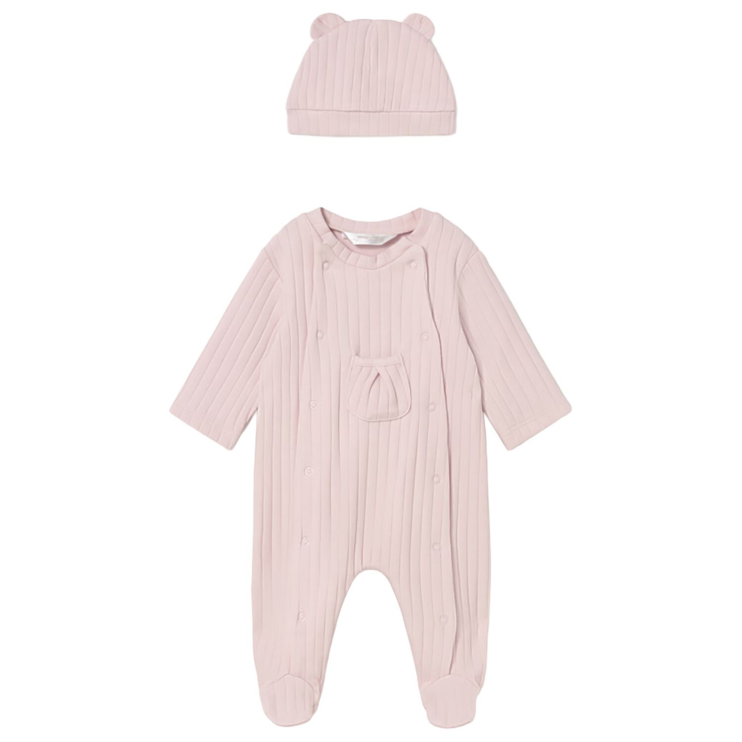 Baby Girls Pink Ribbed Babygrow & Hat Set, 1, hi-res