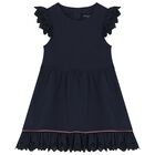 Younger Girls Navy Cotton Dress, 1, hi-res