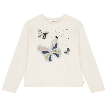 Girls Ivory Embellished Butterflies Sequin Long Sleeve Top
