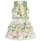 Girls White & Green Embroidered Floral Dress, 1, hi-res