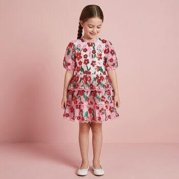 Girls Pink & Red Embroidered Sequin Dress 