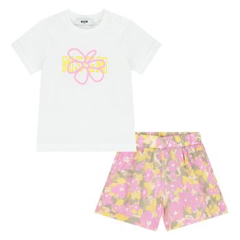 Younger Girls White & Pink Logo Shorts Set