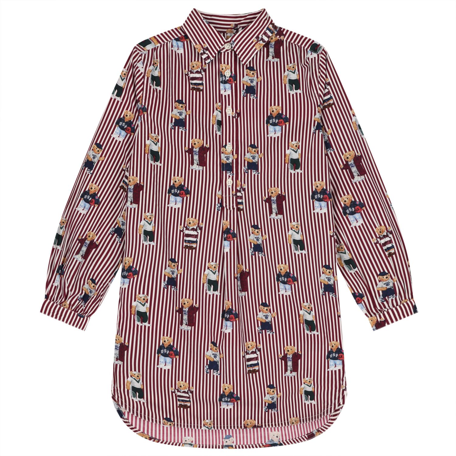Girls White & Red Polo Bear Striped Shirt Dress, 1, hi-res