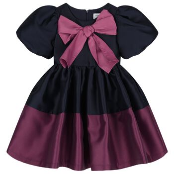 Girls Pink & Navy Blue Satin Bow Dress