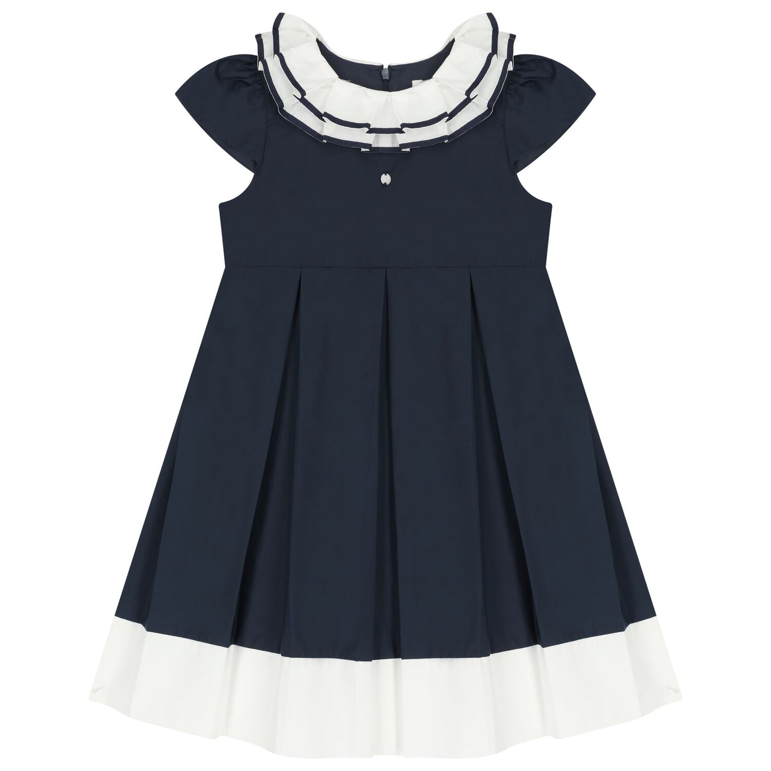 Girls Navy Blue Ruffled Collar Pleated Dress, 1, hi-res