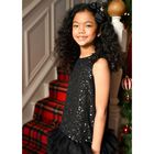 Girls Black Embellished Sequins Tulle Dress, 1, hi-res